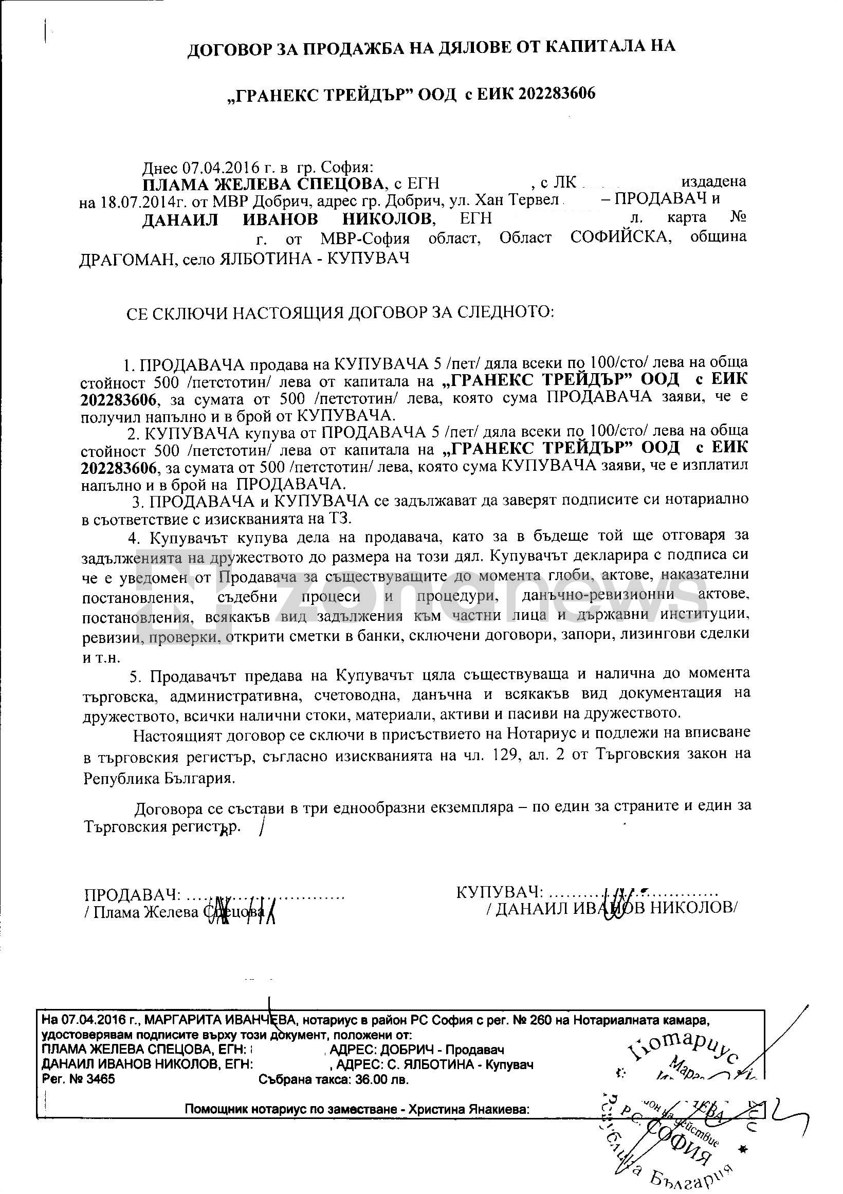 Договор за прехвърляне на Гранекс Трейдър от Румен и Слава Спецови на Данаил Николов-1